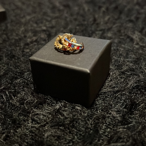 Gold earrings with red, white & blue stones. 1/2 inch circumference. - Picture 1 of 5